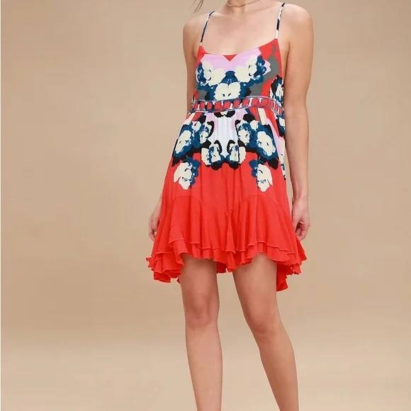 Free People Sweet Lucy Coral Red Print Slip - Picture 2 of 7